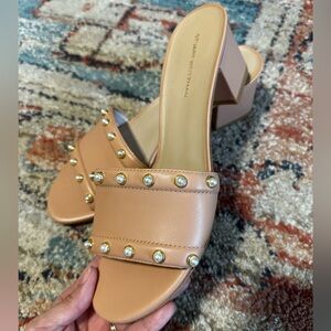 Stuart Weitzman Nude Tan Studded Block Heel Mules